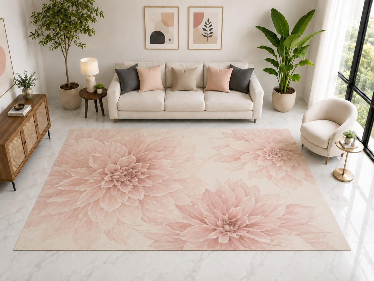ICE ARMOR "Ultra Light Weight Large 6'7" x 9'10" Blush Dahlia Floral Rug, Soft Low Pile Indoor Rug, Non-Slip Silicone Backing for Living Room Pink