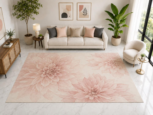 ICE ARMOR "Ultra Light Weight Large 6'7" x 9'10" Blush Dahlia Floral Rug, Soft Low Pile Indoor Rug, Non-Slip Silicone Backing for Living Room Pink