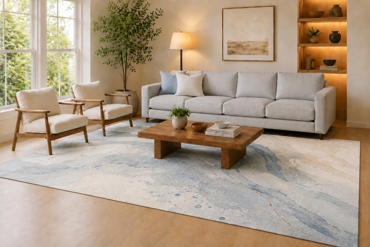 ICE ARMOR Large 6'7" x 9'10" Light Blue and Ivory Marble Current Area Rug for Living Room, Soft Low Pile Carpet with Non-Slip Silicone Backing, Decor for Bedroom, Dining Area and Home Office