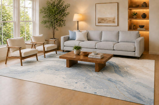 ICE ARMOR Large 6'7" x 9'10" Light Blue and Ivory Marble Current Area Rug for Living Room, Soft Low Pile Carpet with Non-Slip Silicone Backing, Decor for Bedroom, Dining Area and Home Office