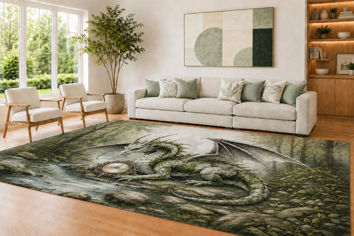ICE ARMOR Large 6'7" x 9'10" Sage Green and White Mirror Dragon Area Rug for Living Room, Soft Low Pile Carpet with Non-Slip Silicone Backing, Decor for Bedroom and Home Office