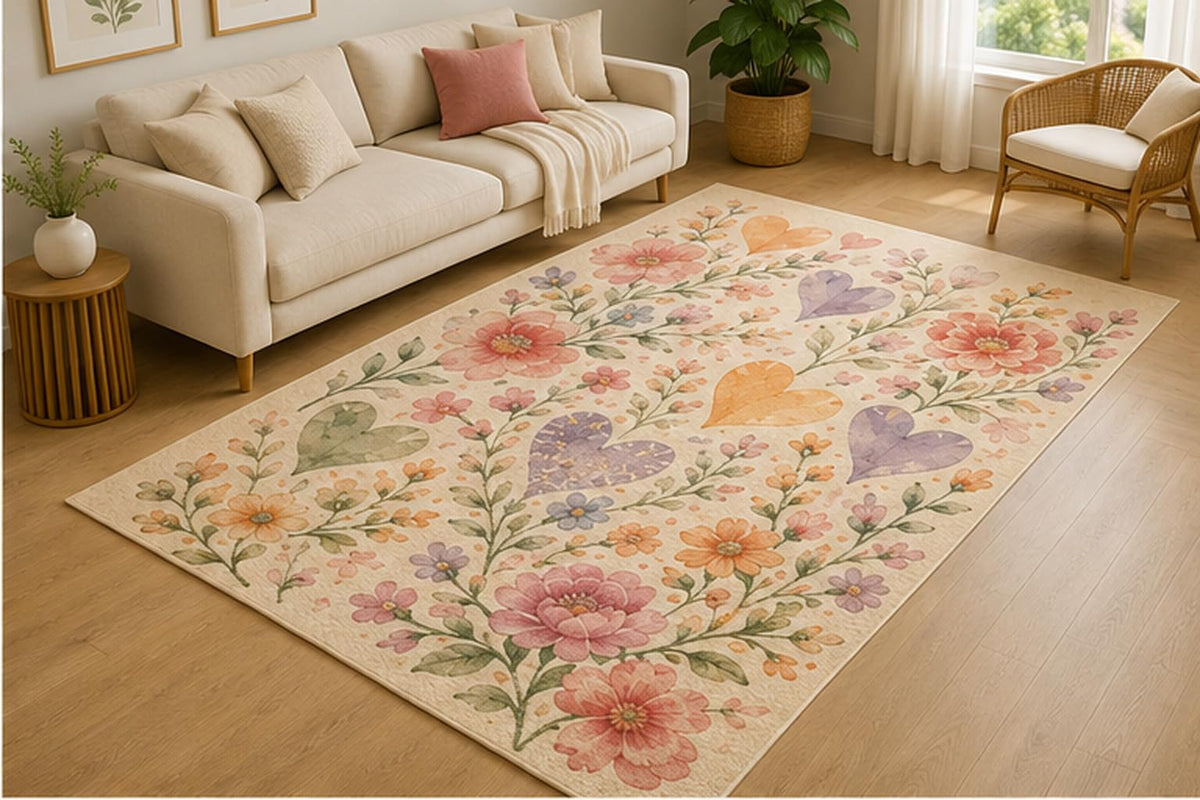 ICE ARMOR 5' x 7' Botanical Heart Vine Area Rug for Living Room, Soft Low Pile Indoor Rug with Non-Slip Silicone Backing, Decorative Carpet for Bedroom, Nursery, Kids Room, Kids & Pets, Cream Pastel