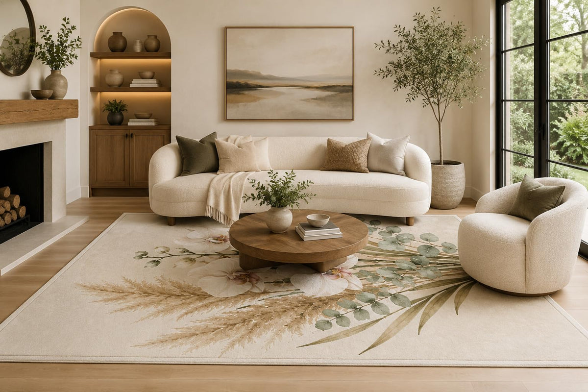 ICE ARMOR 6'7" x 9'10" Ivory Sage and Taupe Botanical Area Rug with White Orchids Eucalyptus and Pampas Grass, Soft Low Pile Non-Slip Indoor Carpet for Living Room and Bedroom