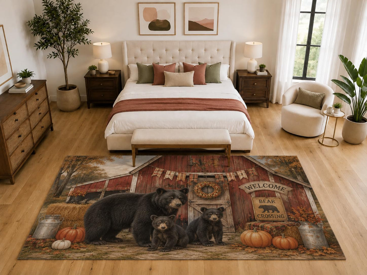 ICE ARMOR "Ultra Light Weight Large 6'7" x 9'10" Bear Family Barn Area Rug, Soft Low Pile Indoor Rug, Non-Slip Silicone Backing, Living Room, Brown