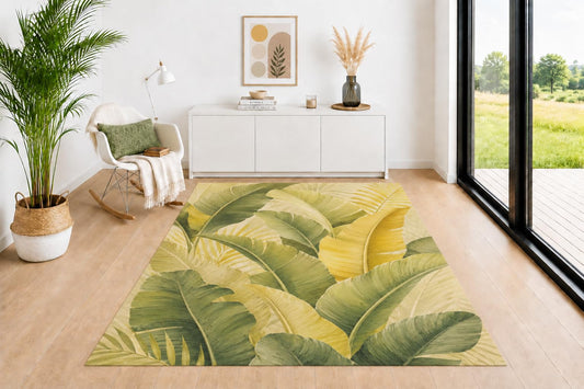 ICE ARMOR 5' x 7' Tropical Banana Leaf Area Rug for Living Room, Soft Low Pile Indoor Rug with Non-Slip Backing, Botanical Carpet for Bedroom, Dining Room, Office, Green Yellow
