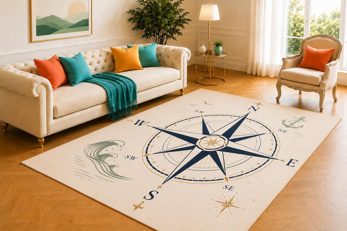 ICE ARMOR 5' x 7' Nautical Compass Area Rug, Soft Low Pile Indoor Rug with Non-Slip Silicone Backing, Decorative Carpet for Living Room, Bedroom, Office