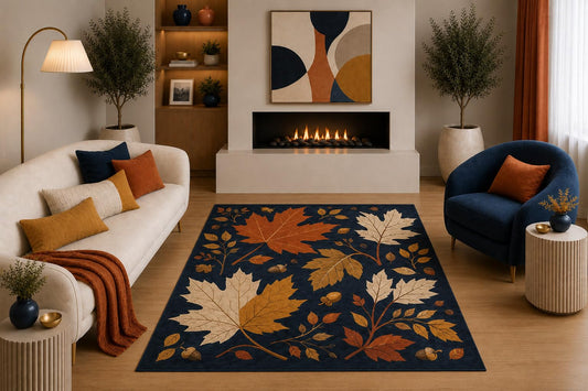 ICE ARMOR "Ultra Light Weight 5' x 7' Autumn Maple Leaf Area Rug Navy Blue Orange Beige Botanical Fall Pattern for Living Room Bedroom Dining Room Non-Slip Silicone Backing Low Pile