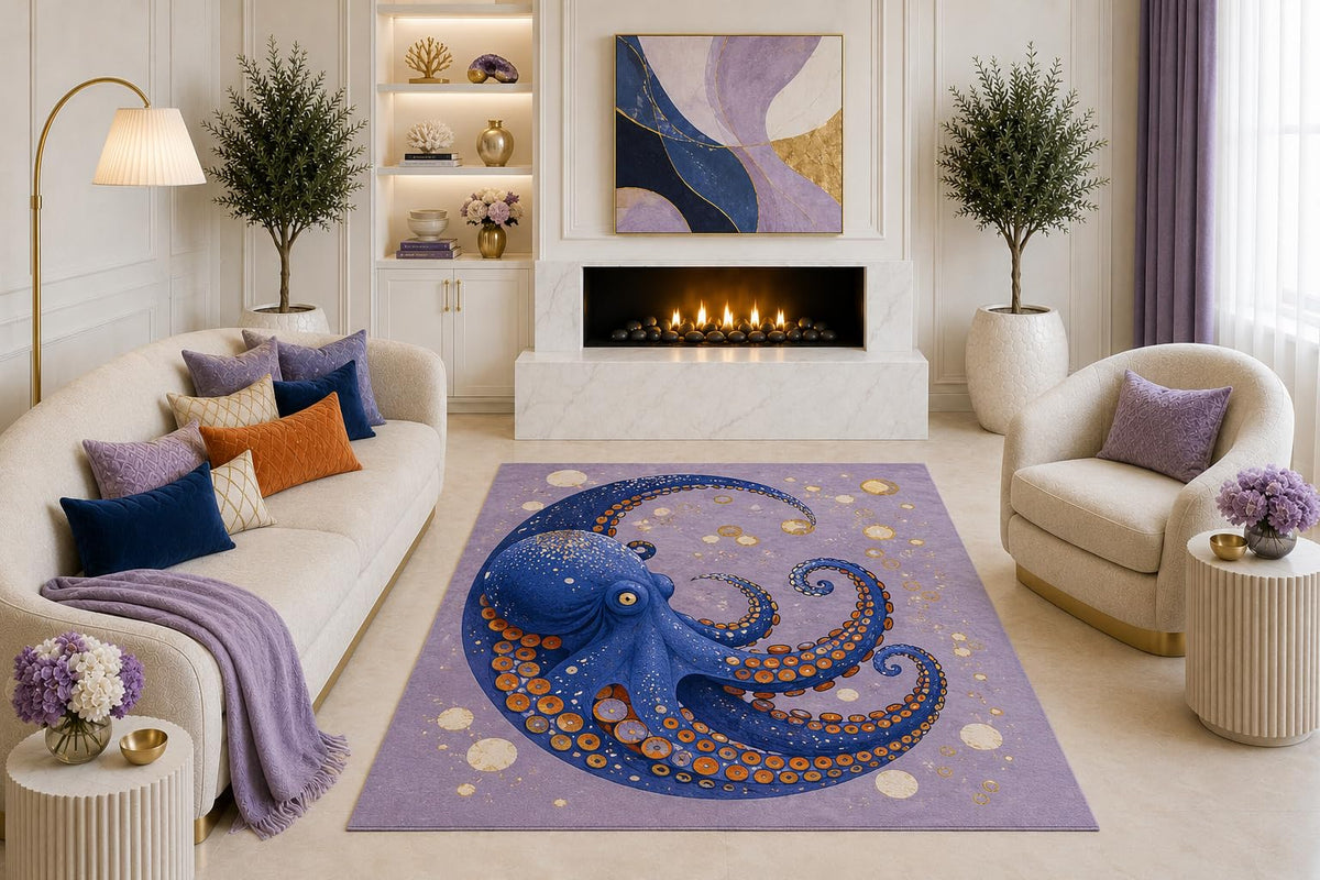 ICE ARMOR "Ultra Light Weight 5' x 7' Blue Octopus Area Rug, Lavender Purple Whimsical Ocean Sea Life Art for Living Room Bedroom Coastal Decor, Non-Slip Silicone Backing Low Pile