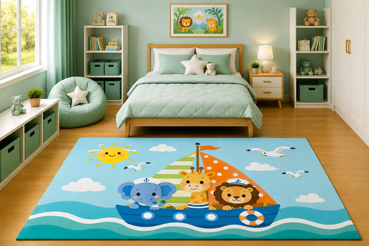 ICE ARMOR 5' x 7' Safari Animals Sailing Boat Area Rug for Kids Bedroom Nursery Playroom Scandinavian Minimalist Nautical Ocean Adventure Decor Non-Slip Silicone Backing Low Pile