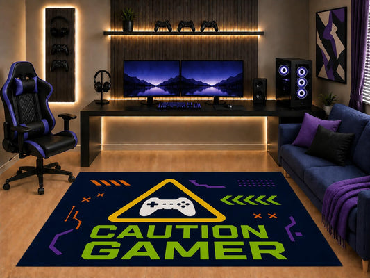 ICE ARMOR "Ultra Light Weight 5' x 7' Caution Gamer Area Rug Modern Controller Warning Graphic for Boys Teen Bedroom Gaming Room Playroom Non-Slip Silicone Backing Low Pile