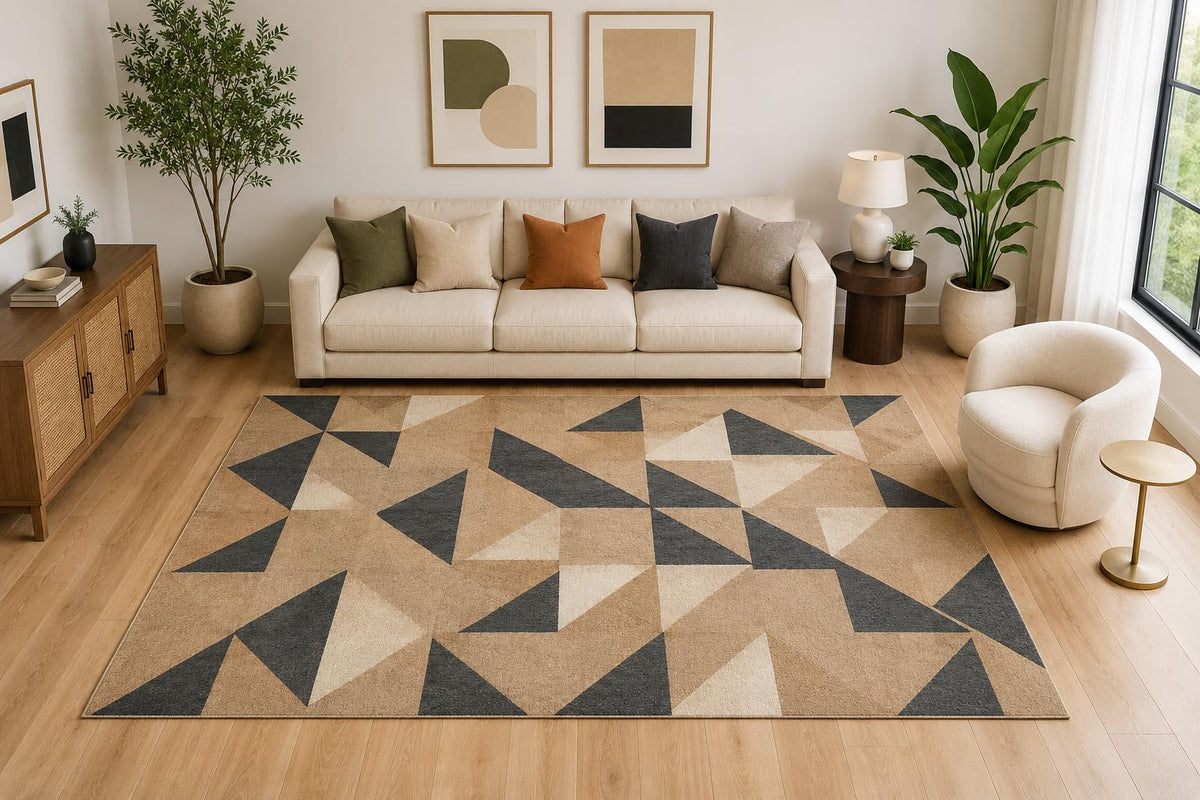 ICE ARMOR Large 6'7" x 9'10" Modern Geometric Triangle Area Rug for for Bedroom, Living Room, Soft Low Pile Indoor Rug with Non-Slip Silicone Backing, Beige Black