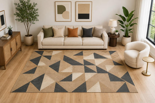 ICE ARMOR Large 6'7" x 9'10" Modern Geometric Triangle Area Rug for for Bedroom, Living Room, Soft Low Pile Indoor Rug with Non-Slip Silicone Backing, Beige Black
