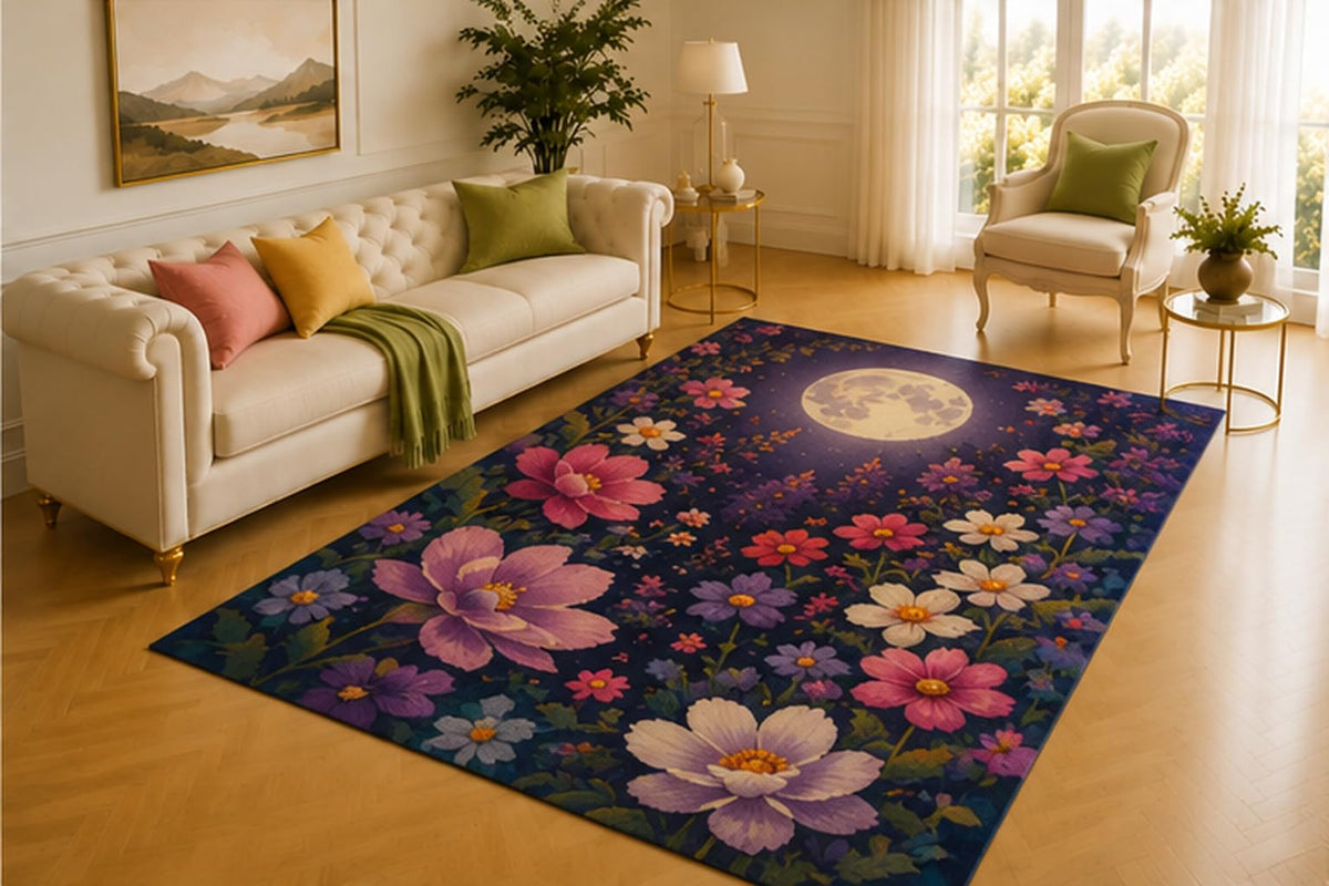 ICE ARMOR 5' x 7' Moonlit Flower Rug, Full Moon Above Pink, Purple and White Blossoms on Deep Navy, Dreamy Accent for Bedroom, Reading Nook, Studio or Lounge