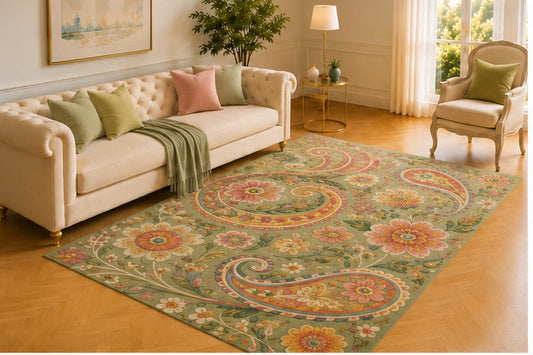 ICE ARMOR 5' x 7' Floral Paisley Rug, Sage Green Curves with Coral, Peach and Cream Blossoms, Graceful Floor Decor for Living Room, Bedroom or Entryway