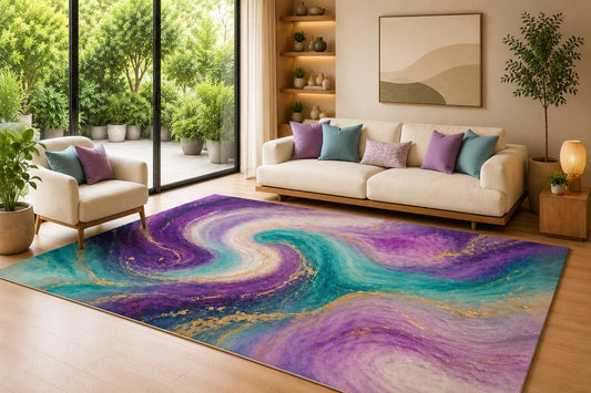 ICE Armor 6'7" x 9'10" Purple Teal Cosmic Wave Area Rug for Living Room, Soft Low Pile Indoor Rug with Non-Slip Silicone Backing, Decorative Carpet for Bedroom, Dining Room and Office, Multicolored