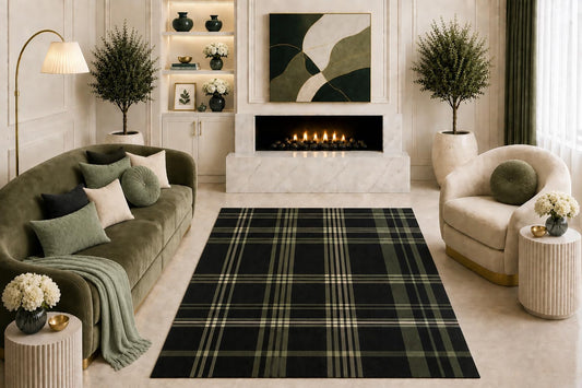 ICE ARMOR "Ultra Light Weight 5' x 7' Black Olive Green Plaid Area Rug Modern Tartan Check Pattern Living Room Bedroom Office Decor Non-Slip Silicone Backing Low Pile