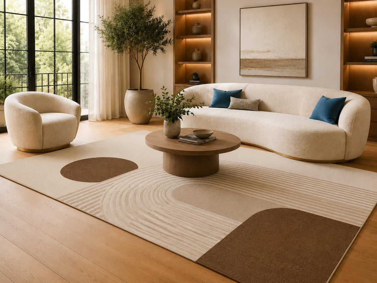 ICE ARMOR 6'7" x 9'10" Brown and Cream Curved Block Shapes Area Rug for Living Room, Soft Low Pile Carpet with Non-Slip Silicone Backing, Floor Decor for Bedroom, Dining Area and Home Office