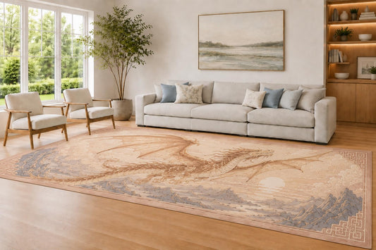 ICE ARMOR Large 6'7" x 9'10" Blush and Gray Sunset Dragon Area Rug for Living Room, Soft Low Pile Carpet with Non-Slip Silicone Backing, Decor for Bedroom and Home Office