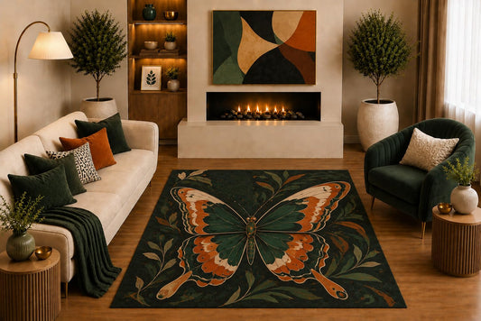 ICE ARMOR "Ultra Light Weight 5' x 7' Butterfly Botanical Area Rug Vintage Nature Art in Forest Green Rust Cream for Living Room Bedroom Office Decor Non-Slip Silicone Backing Low Pile