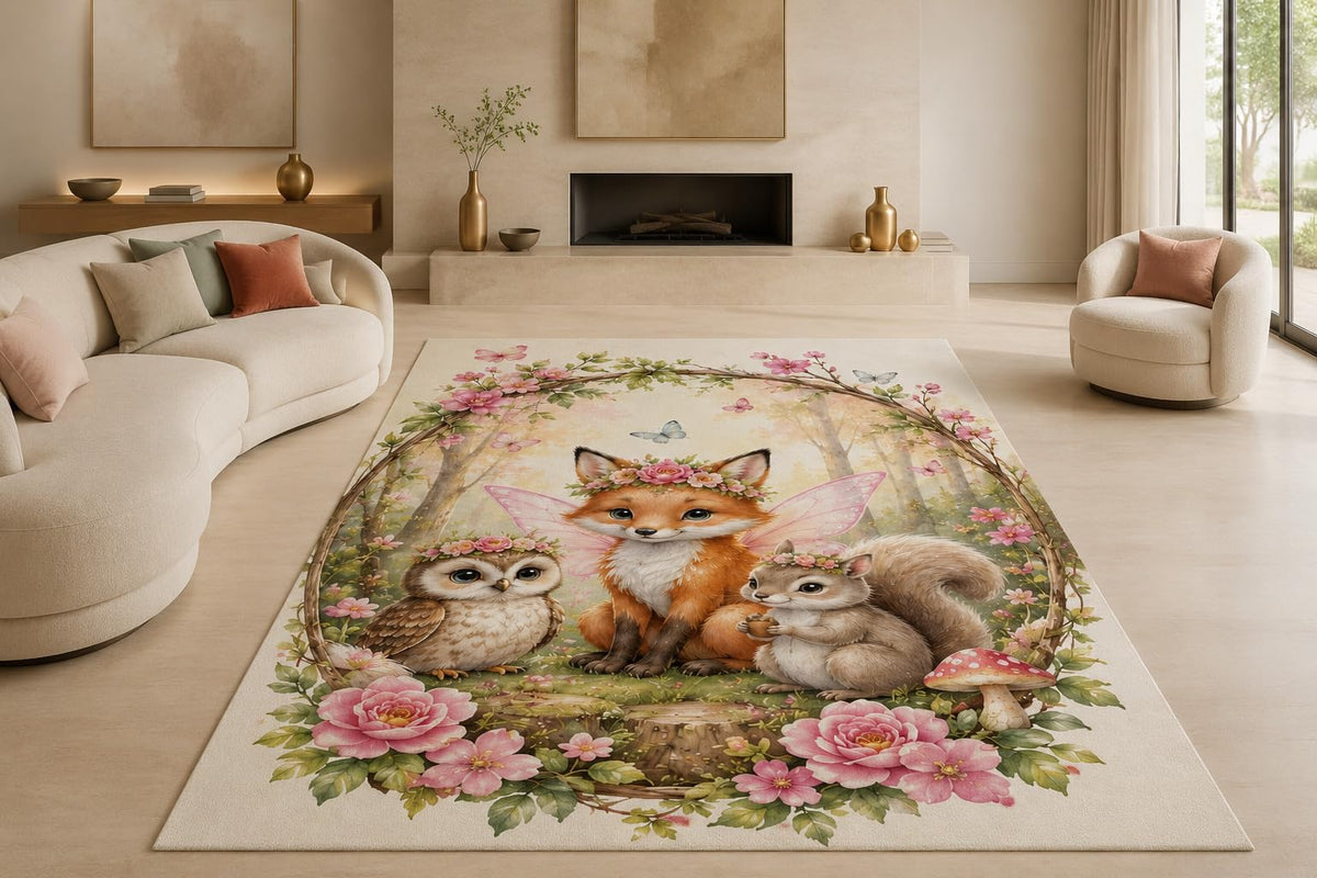 ICE ARMOR "Ultra Lightweight Large 6'7" x 9'10" Fairy Woodland Friends Area Rug for Living Room, Bedroom and Home Office, Soft Low Pile Carpet with Non-Slip Silicone Backing, Pink and Brown