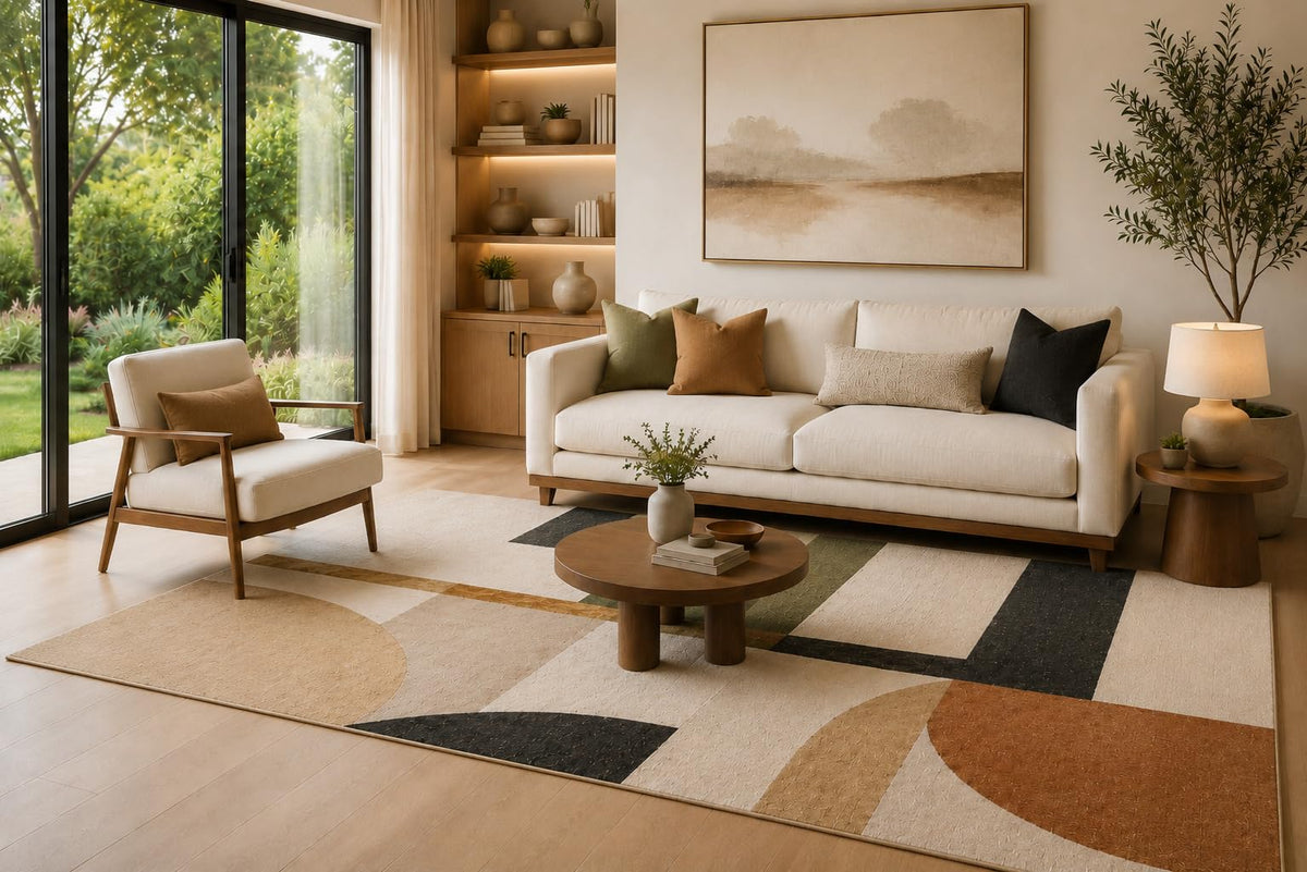 ICE ARMOR 6'7" x 9'10" Neutral Geometric Blocks Area Rug for Living Room, Soft Low Pile Indoor Floor Mat with Non-Slip Silicone Backing, Decorative Covering for Bedroom, Dining Space and Office, Brown