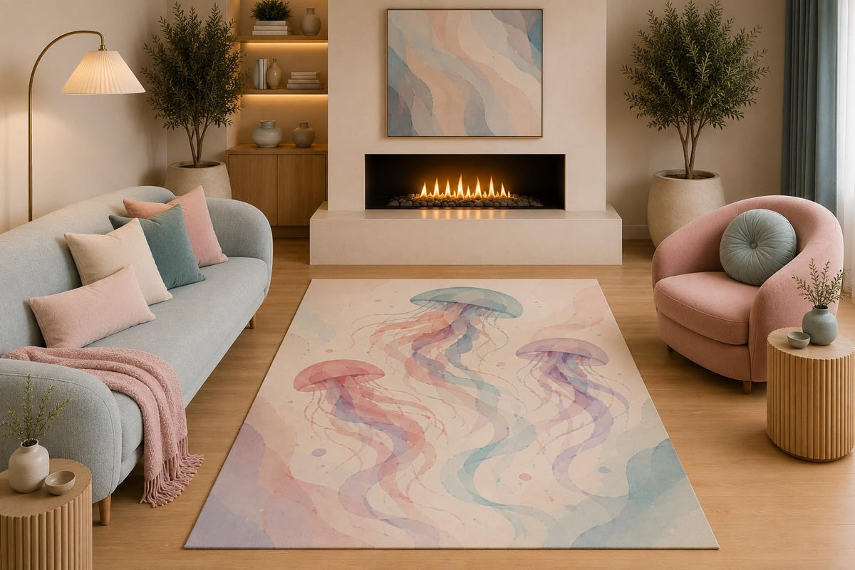 ICE ARMOR 5' x 7' Watercolor Jellyfish Area Rug Coastal Ocean Sea Life Pastel Pink Blue Purple Design for Living Room Bedroom Nursery Non-Slip Silicone Backing Low Pile
