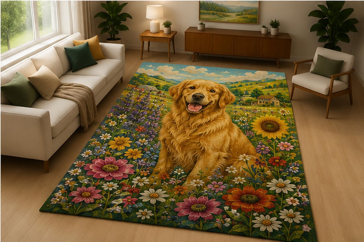 ICE ARMOR 5' x 7' Golden Retriever Garden Area Rug Soft Low Pile Indoor Rug with Non Slip Silicone Backing Dog Lover Decor Carpet for Living Room Bedroom Family Room Kids and Pets Green
