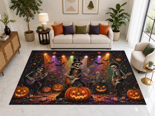 ICE ARMOR "Ultra Light Weight Large 6'7" x 9'10" Skeleton Rock Band Rug, Soft Low Pile Indoor Rug, Non-Slip Silicone Backing for Playroom Black