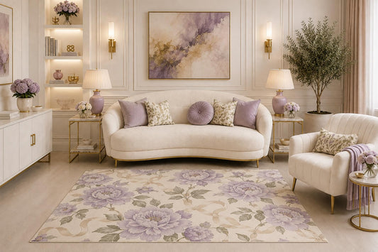 ICE ARMOR "Ultra Light Weight 5' x 7' Lavender Peony Floral Area Rug, Vintage Botanical Cottagecore Bow Rug for Living Room Bedroom Nursery, Non-Slip Silicone Backing Low Pile
