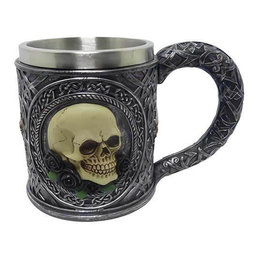 ICE ARMOR 6.25" W Skull with Rose Mug Statue Sculpture Ornament Decoration Home/Room Decor Ideas for Housewarming, Holidays and Birthdays Great Collectible Addition