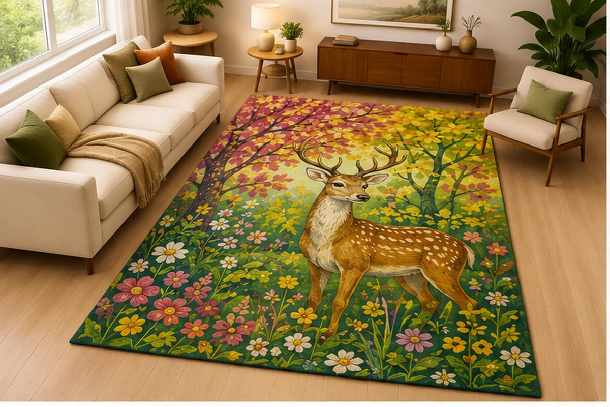 ICE ARMOR 5' x 7' Deer Flower Forest Area Rug Soft Low Pile Indoor Rug with Non Slip Silicone Backing Woodland Nature Decor Carpet for Living Room Bedroom Nursery Family Room Kids and Pets Green