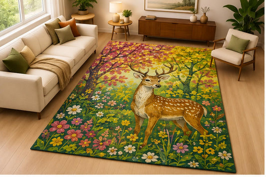 ICE ARMOR 5' x 7' Deer Flower Forest Area Rug Soft Low Pile Indoor Rug with Non Slip Silicone Backing Woodland Nature Decor Carpet for Living Room Bedroom Nursery Family Room Kids and Pets Green