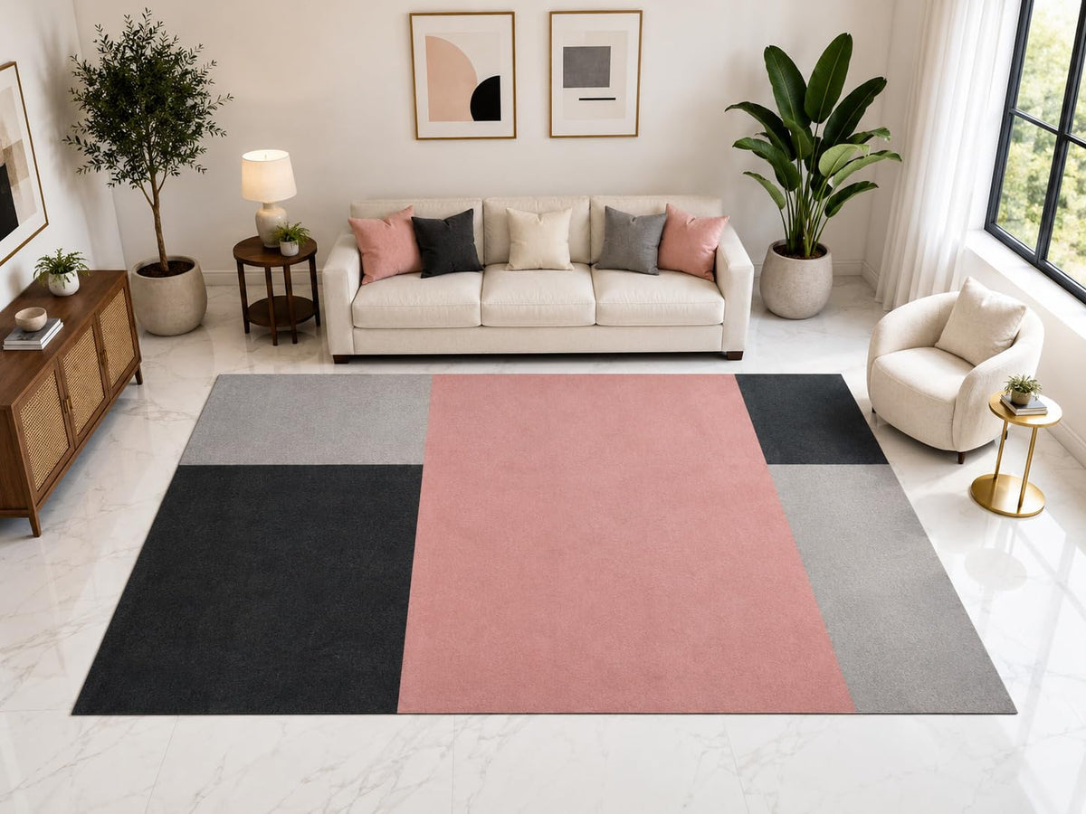 ICE ARMOR "Ultra Light Weight Large 6'7" x 9'10" Modern Color Block Rug, Soft Low Pile Indoor Rug, Non-Slip Silicone Backing for Bedroom Pink Gray