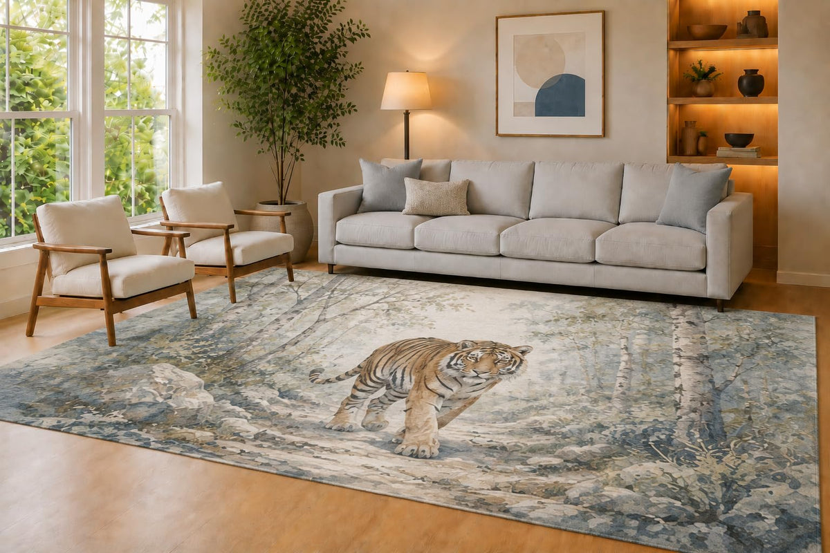 ICE ARMOR Large 6'7" x 9'10" Blue and Taupe Forest Tiger Area Rug for Living Room, Soft Low Pile Carpet with Non-Slip Silicone Backing, Decor for Bedroom Dining Room and Home Office