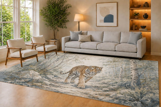 ICE ARMOR Large 6'7" x 9'10" Blue and Taupe Forest Tiger Area Rug for Living Room, Soft Low Pile Carpet with Non-Slip Silicone Backing, Decor for Bedroom Dining Room and Home Office