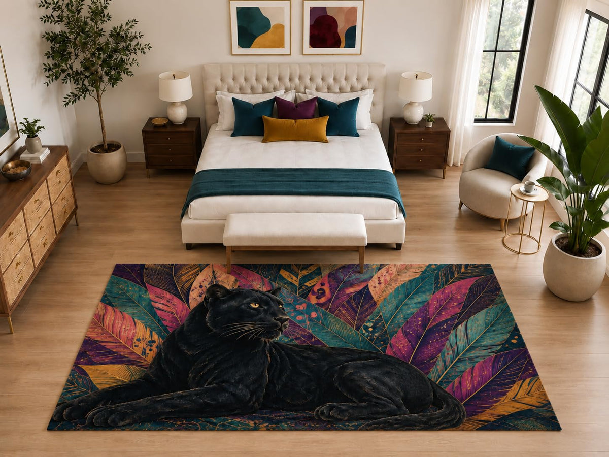 ICE ARMOR "Ultra Light Weight Large 6'7" x 9'10" Black Panther Tropical Rug, Soft Low Pile Indoor Rug, Non-Slip Silicone Backing for Bedroom Teal