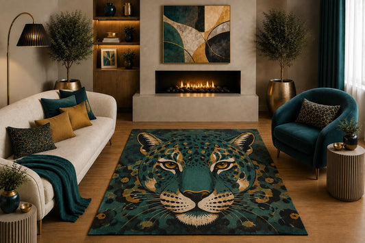 ICE ARMOR "Ultra Light Weight 5' x 7' Emerald Teal Leopard Area Rug Modern Wildlife Big Cat Art for Living Room Bedroom Office Non-Slip Silicone Backing Low Pile