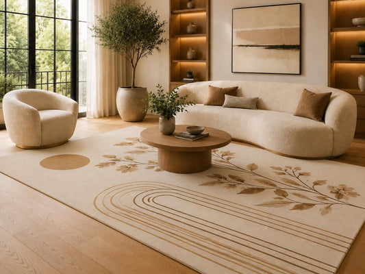 ICE ARMOR 6'7" x 9'10" Brown and Cream Retro Arch Florals Area Rug for Living Room, Soft Low Pile Carpet with Non-Slip Silicone Backing, Floor Decor for Bedroom, Dining Area and Home Office