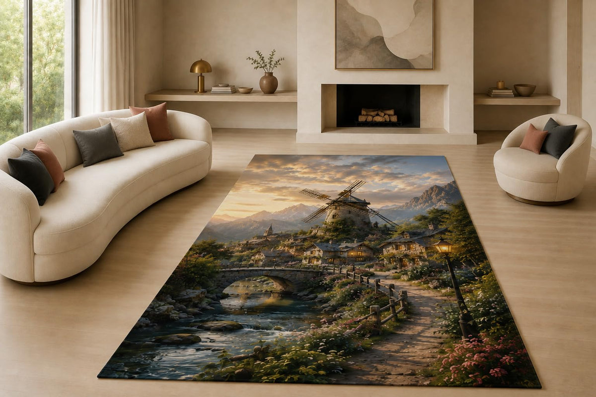 ICE ARMOR "Ultra Lightweight Large 6'7" x 9'10" Mountain Windmill Village Area Rug for Living Room, Bedroom and Home Office, Soft Low Pile Carpet with Non-Slip Silicone Backing, Green and Beige