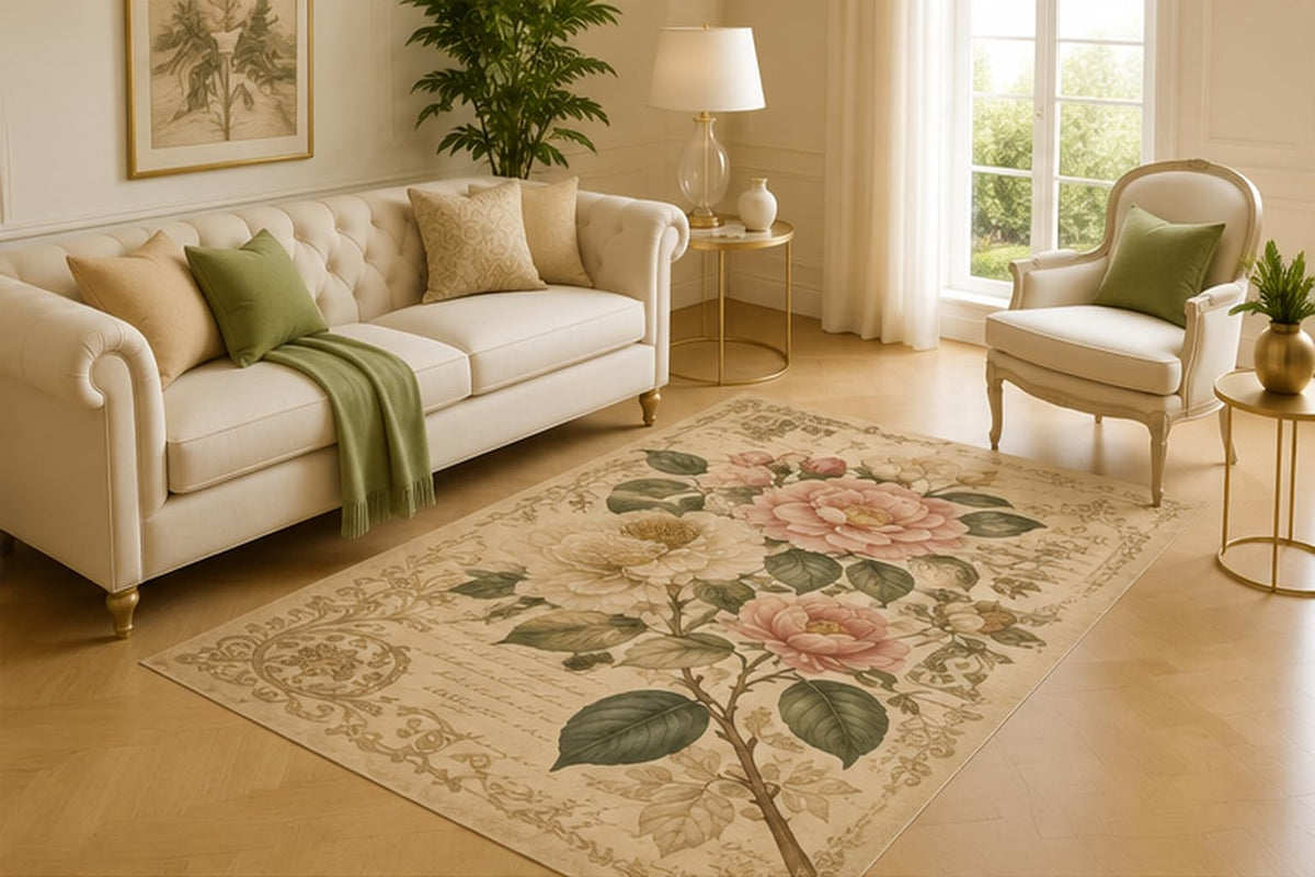 ICE ARMOR 5' x 7' Antique Rose Letter Area Rug for Living Room, Soft Low Pile Carpet with Non-Slip Silicone Backing for Bedroom, Reading Nook, Office, Kids and Pets