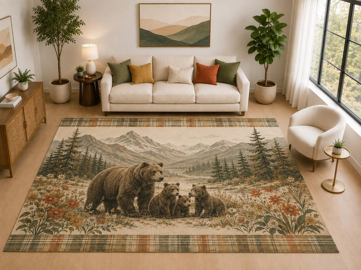 ICE ARMOR "Ultra Light Weight Large 6'7" x 9'10" Bear Family Field Rug for Family Room, Soft Low Pile Indoor Rug and Non-Slip Silicone Backing, Brown