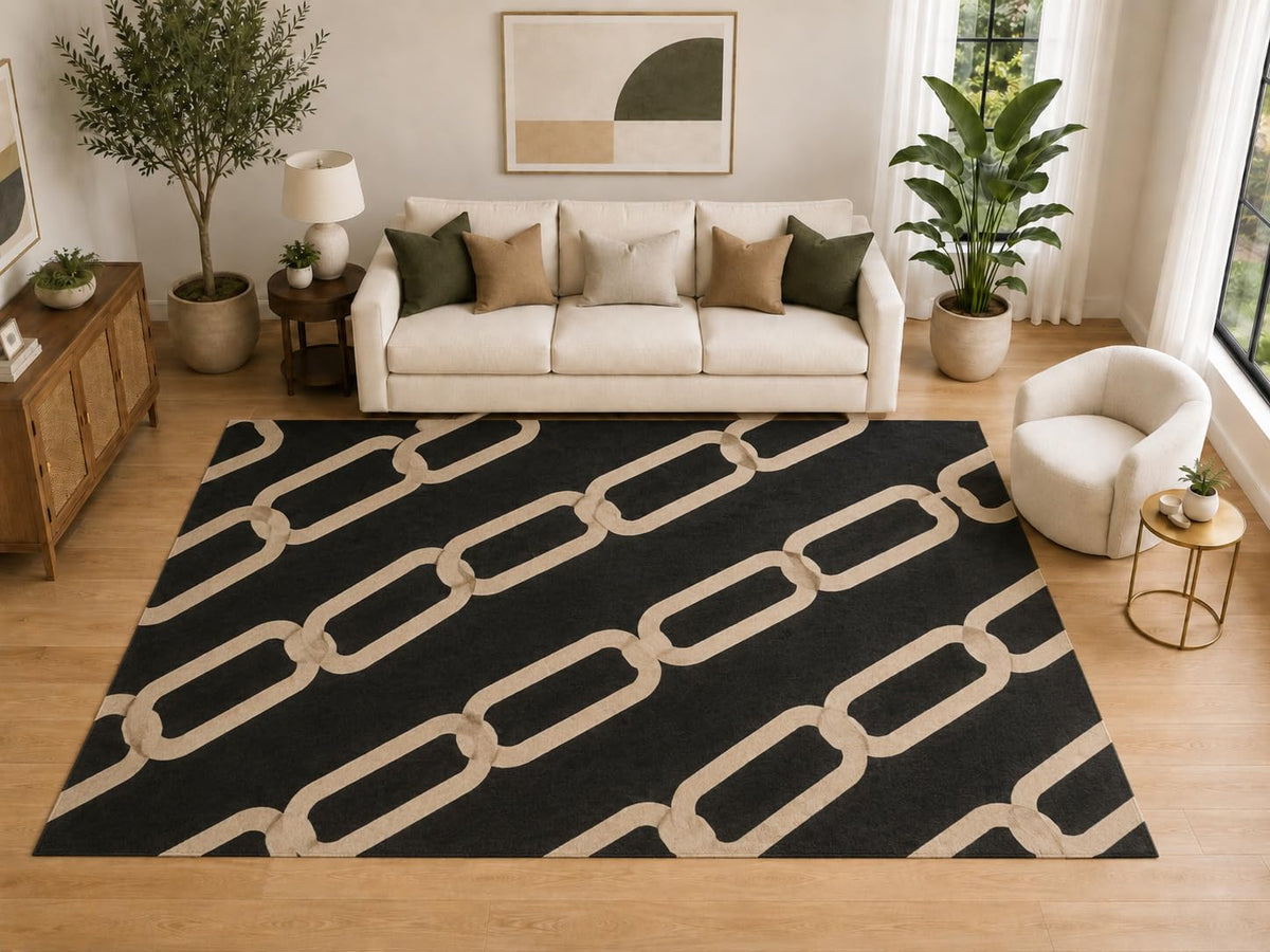 ICE ARMOR Large 6'7" x 9'10" Modern Chain Link Area Rug for for Bedroom, Living Room, Soft Low Pile Indoor Rug with Non-Slip Silicone Backing, Black Beige