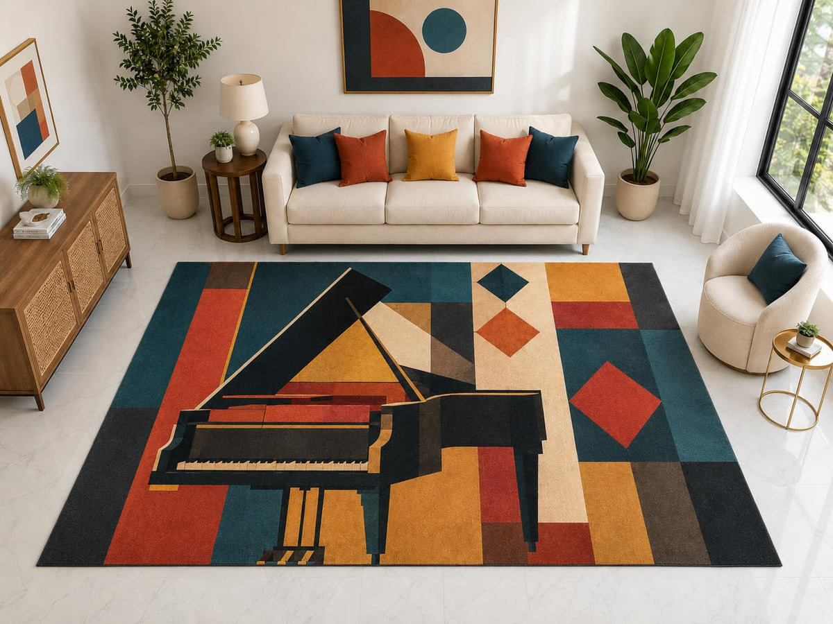 ICE ARMOR "Ultra Light Weight Large 6'7" x 9'10" Grand Piano Geometric Rug, Soft Low Pile Indoor Rug, Non-Slip Silicone Backing for Living Room Teal