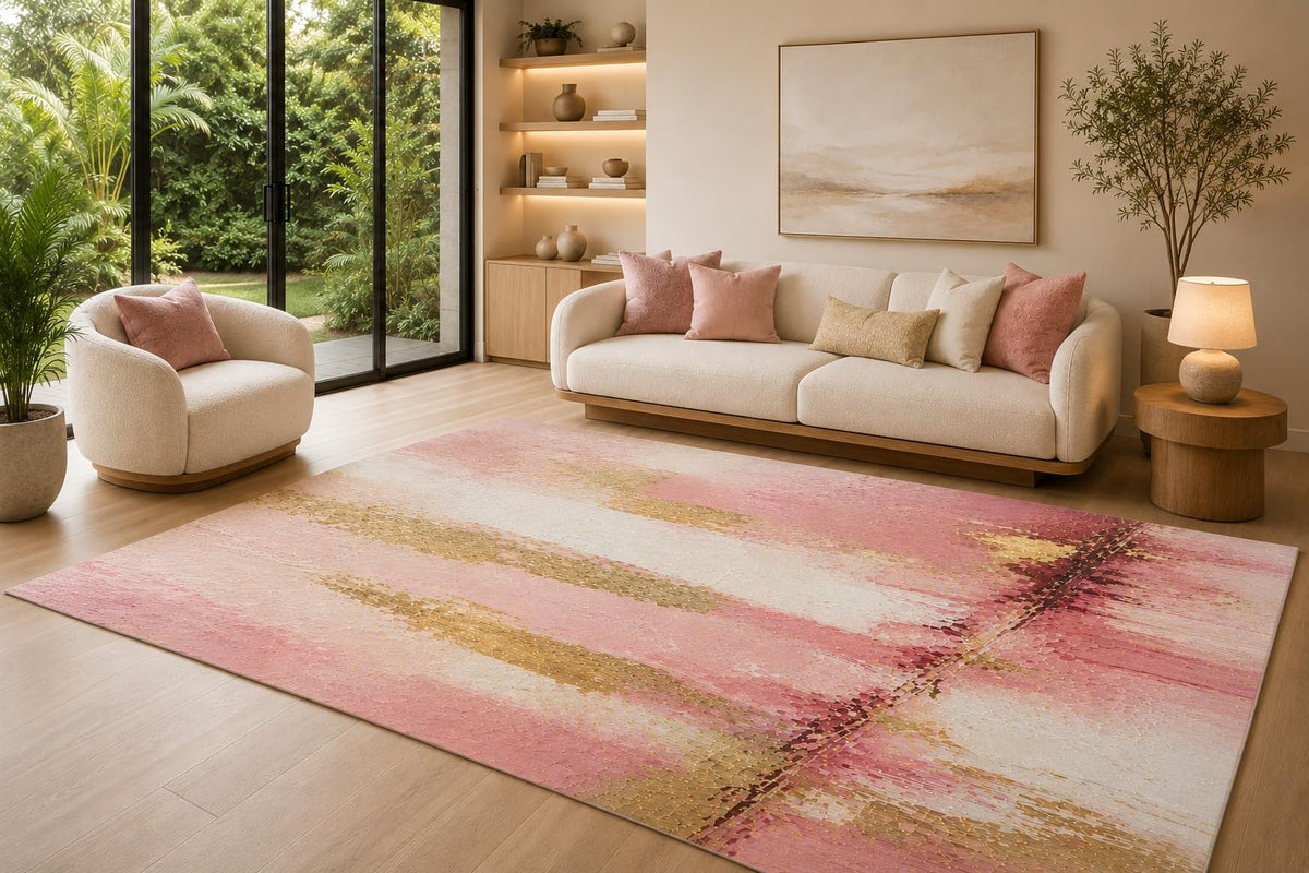 ICE ARMOR 6'7" x 9'10" Blush Abstract Lines Area Rug for Living Room, Soft Low Pile Indoor Rug with Non-Slip Silicone Backing, Decorative Carpet for Bedroom, Dining Room and Office, Pink