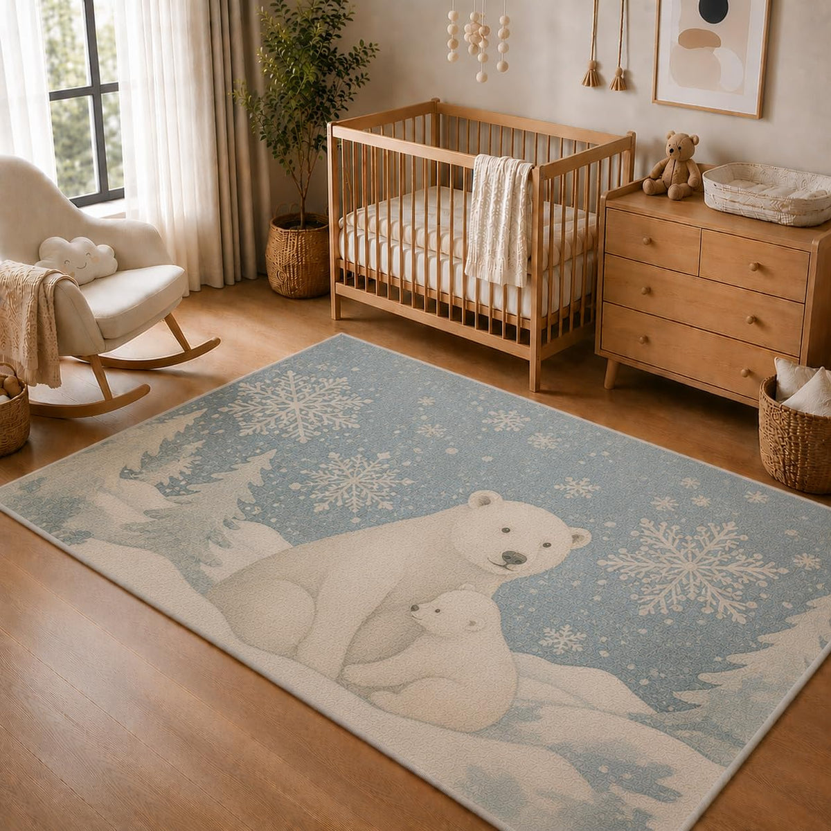 ICE ARMOR 5' x 7' Polar Bear and Cub Snowflake Area Rug, Soft Low Pile Indoor Rug with Non-Slip Silicone Backing, Winter Nursery Carpet for Kids Room, Playroom, Kids and Pets, Blue White