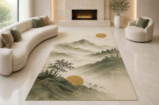 ICE ARMOR "Ultra Lightweight Large 6'7" x 9'10" Misty Mountain Sunrise Area Rug for Living Room, Bedroom and Home Office, Soft Low Pile Carpet with Non-Slip Silicone Backing, Sage and Beige