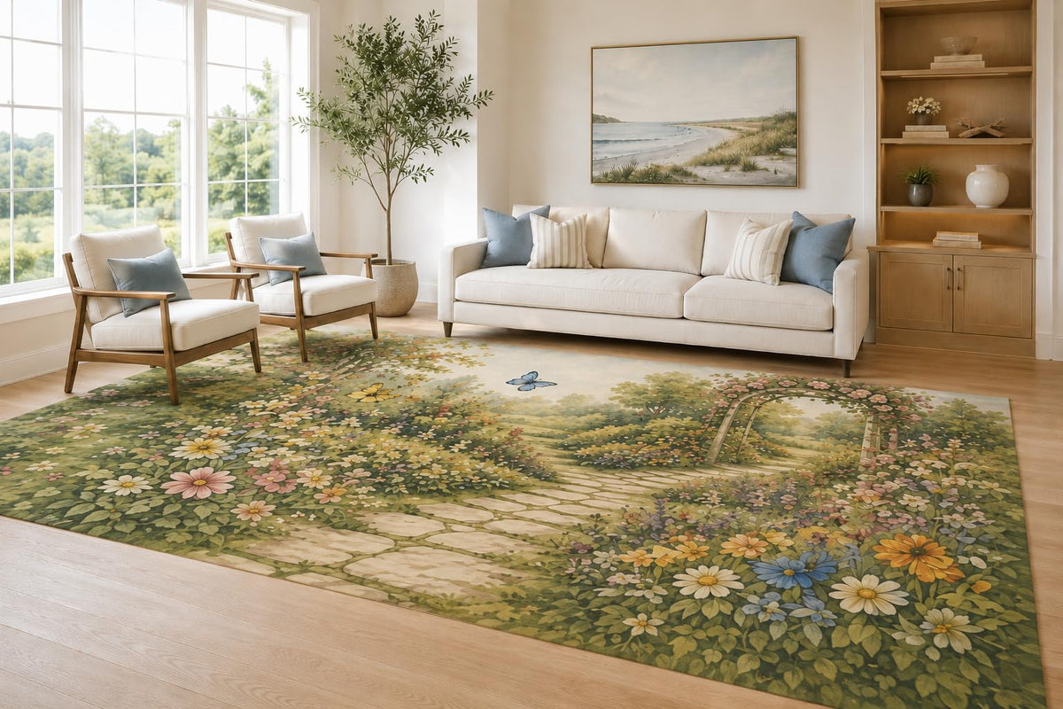ICE ARMOR Large 6'7" x 9'10" Green and Cream Garden Path Area Rug for Living Room, Soft Low Pile Carpet with Non-Slip Silicone Backing, Decor for Bedroom and Home Office