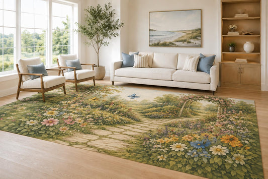 ICE ARMOR Large 6'7" x 9'10" Green and Cream Garden Path Area Rug for Living Room, Soft Low Pile Carpet with Non-Slip Silicone Backing, Decor for Bedroom and Home Office