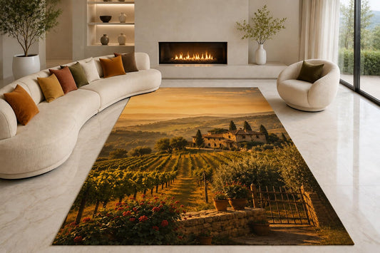 ICE ARMOR "Ultra Lightweight Large 6'7" x 9'10" Vineyard Sunset Rows Area Rug for Living Room, Bedroom and Home Office, Soft Low Pile Carpet with Non-Slip Silicone Backing, Green and Amber