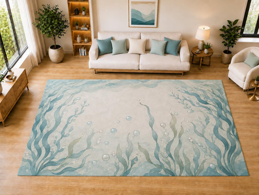 ICE ARMOR "Ultra Light Weight Large 6'7" x 9'10" Seaweed Pearl Area Rug for Dining, Living Room, Bedroom, Soft Low Pile Indoor Rug with Non-Slip Silicone Backing, Aqua Cream
